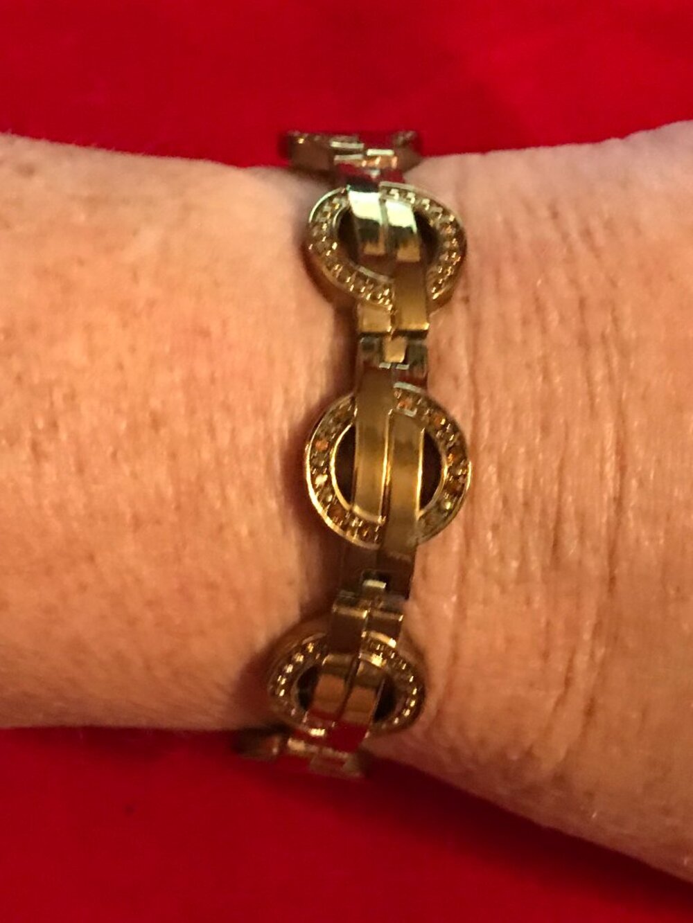Vintage Copper Tone Circular Link Bracelet with Matching Color Rhinestones